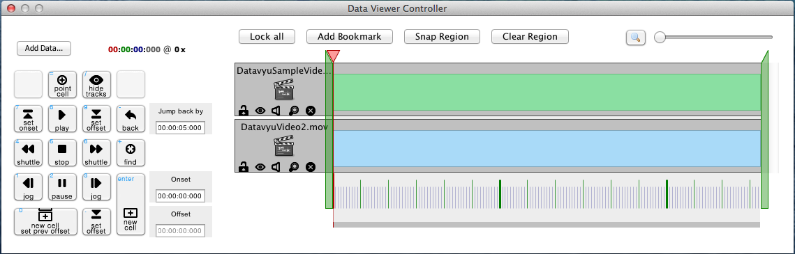 Screenshot of the Controller, with annotations indicating the tracks, and add data